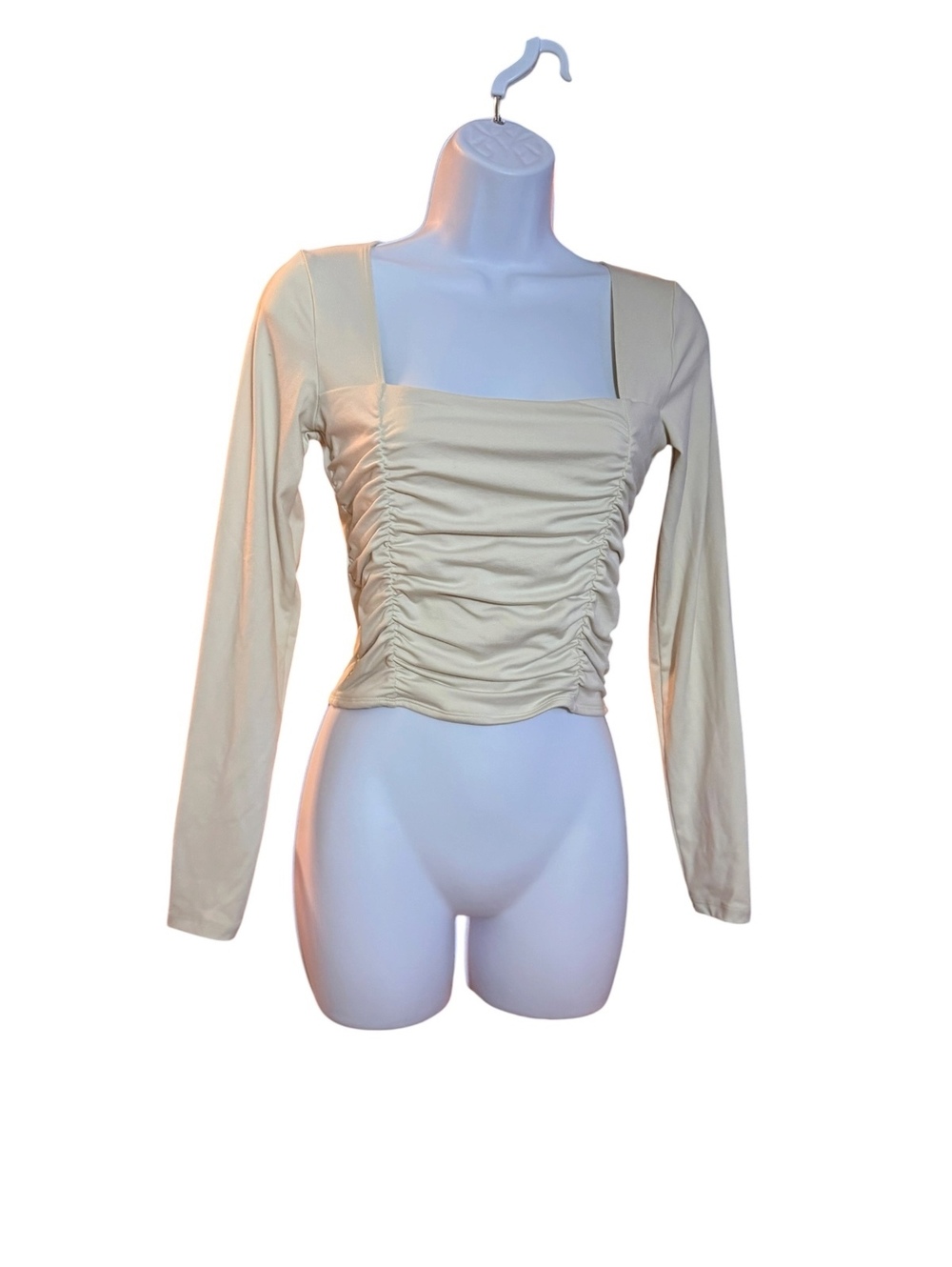 Hollister Beige Long Sleeve Ruched Square Neck Top